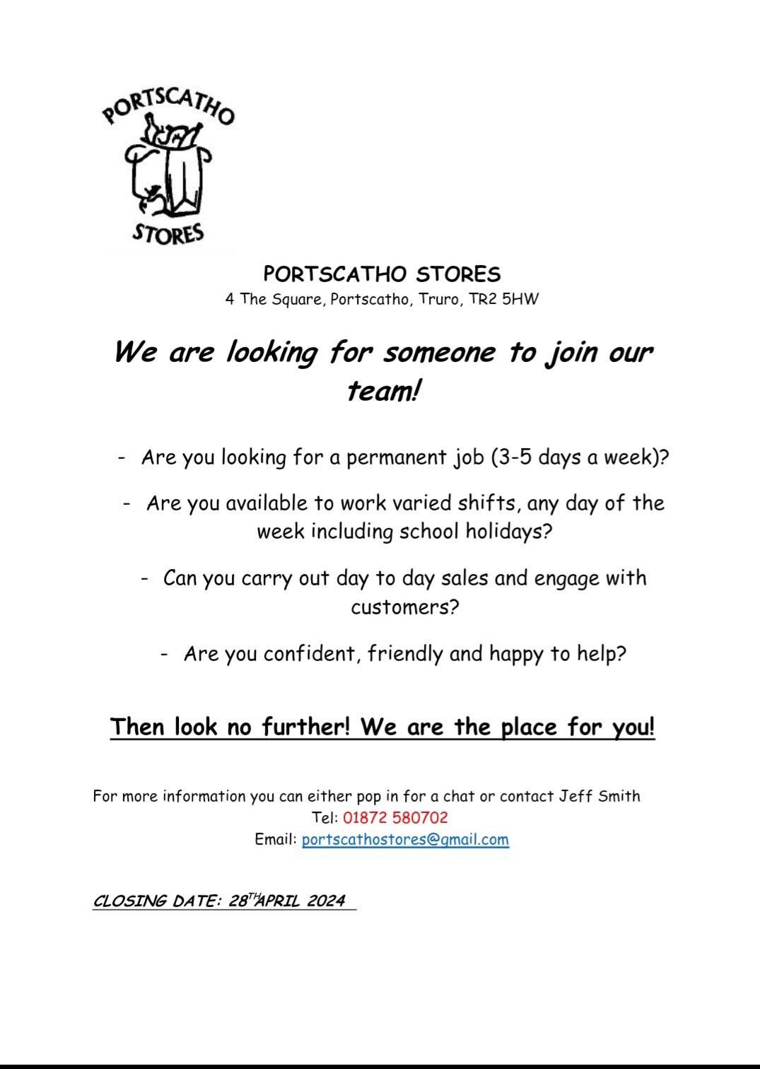 Portscatho Stores Job Vacancy